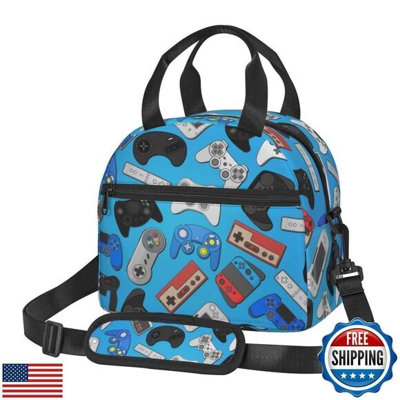 Video Game Controller Background Lunch Bag Gaming Theme Reusable Insulated - Picture 1 of 5